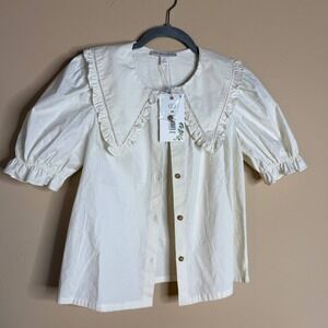 NWT Chelsea Violet Women's White Ruffle Collar Button Front Blouse Size XS